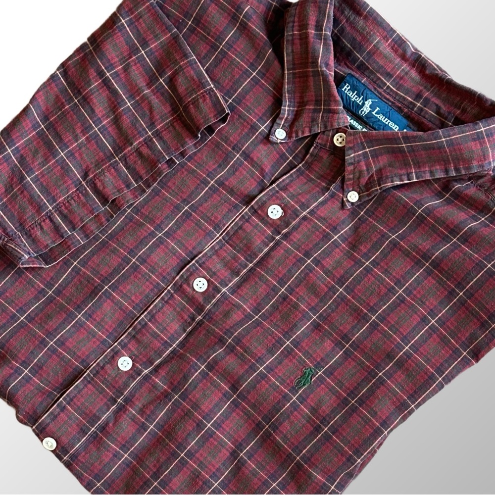 Ralph Lauren Shirt‎ Men's XXL Red Plaid Short Sleeve Button-Up Shirt Green Pony
